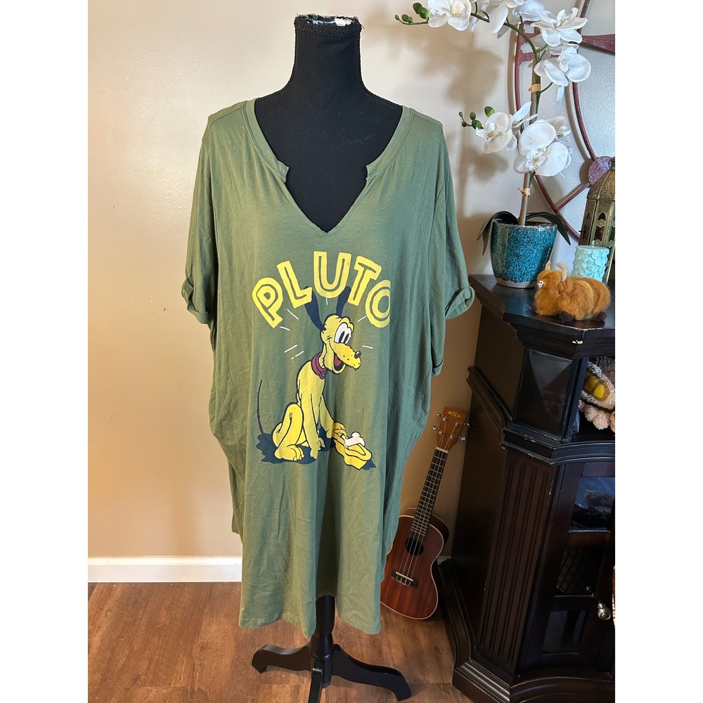 Disney Pluto Graphic T-Shirt Dress Olive Green V-Neck Oversized Size S